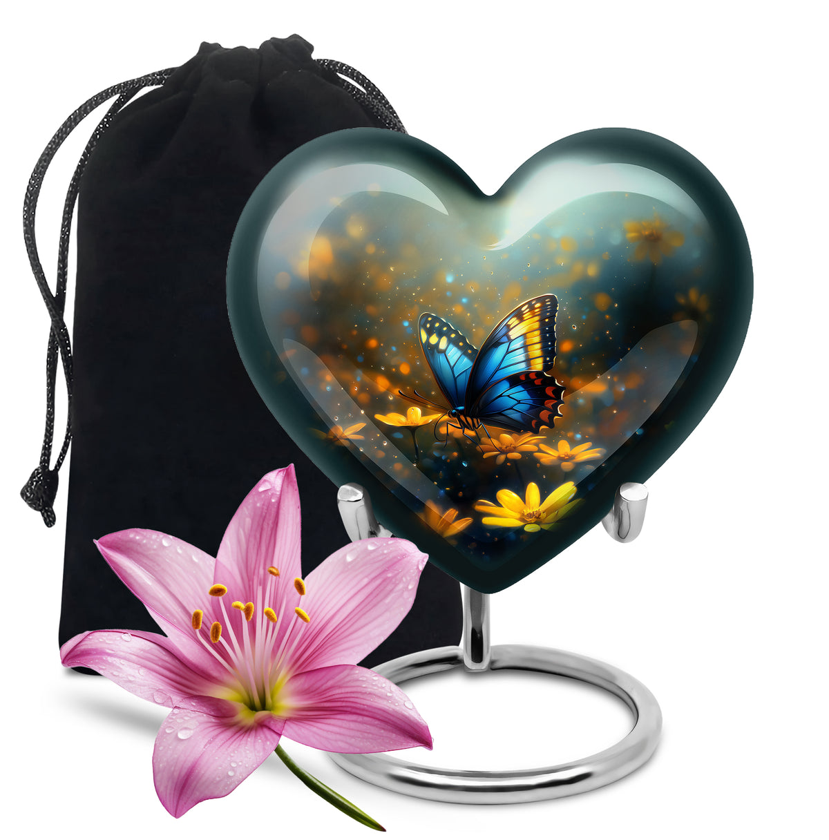 Smoke Gray Butterfly Cremation Urn detail view - compassionate heart-butterfly combination with gentle curves - full-size 10 inch 200 cubic inch adult cremation urn