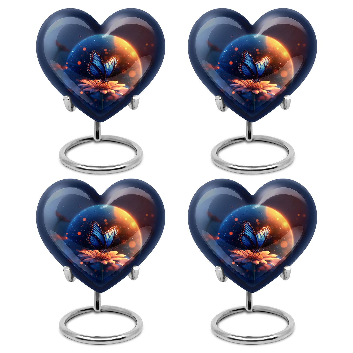 Vivid Blue Butterfly Cremation Urn angled view of lid and engraved motif - romantic heart urn with butterfly motif on aluminum - 10 inch aluminum urn for cremated remains
