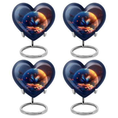 Vivid Blue Butterfly Cremation Urn angled view of lid and engraved motif - romantic heart urn with butterfly motif on aluminum - 10 inch aluminum urn for cremated remains