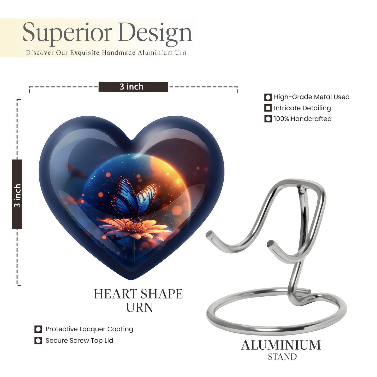 Celestial Blue Butterfly Cremation Urn front view showing detailed design - heart-shaped butterfly design symbolizing eternal love - mini keepsake memorial for portion of cremation ashes
