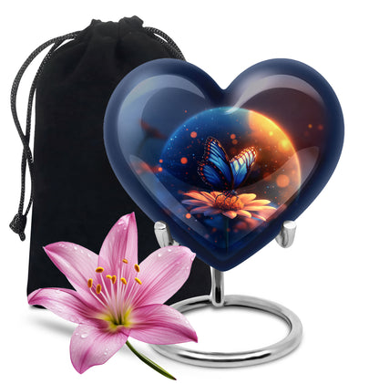 Calming Blue Butterfly Cremation Urn detail view - compassionate heart-butterfly combination with gentle curves - full-size 10 inch 200 cubic inch adult cremation urn