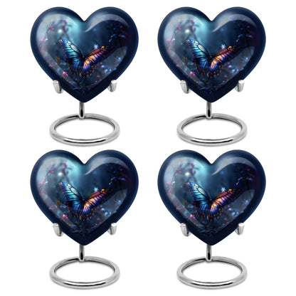 Bright Blue Butterfly Cremation Urn angled view of lid and engraved motif - romantic heart urn with butterfly motif on aluminum - 10 inch aluminum urn for cremated remains