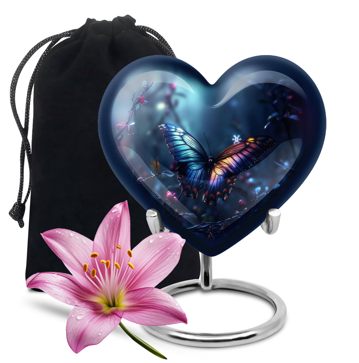 Bright Blue Butterfly Cremation Urn detail view - compassionate heart-butterfly combination with gentle curves - full-size 10 inch 200 cubic inch adult cremation urn