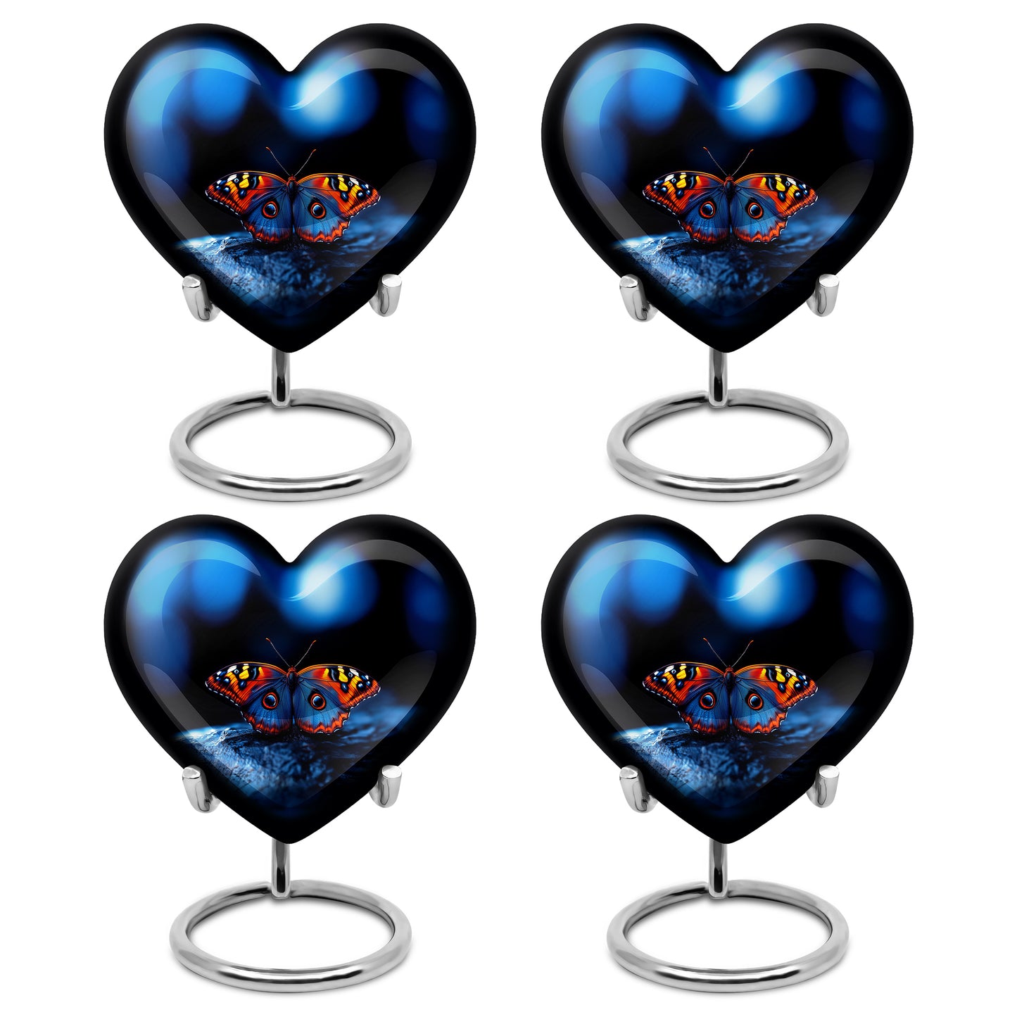Obsidian Black Butterfly Cremation Urn angled view of lid and engraved motif - romantic heart urn with butterfly motif on aluminum - 10 inch aluminum urn for cremated remains