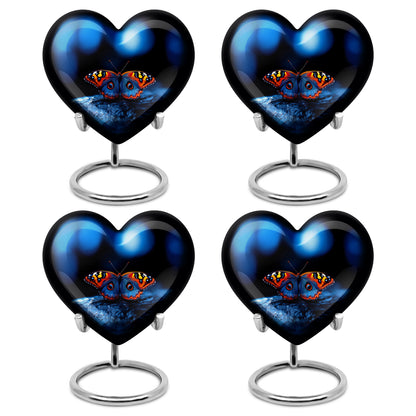 Obsidian Black Butterfly Cremation Urn angled view of lid and engraved motif - romantic heart urn with butterfly motif on aluminum - 10 inch aluminum urn for cremated remains
