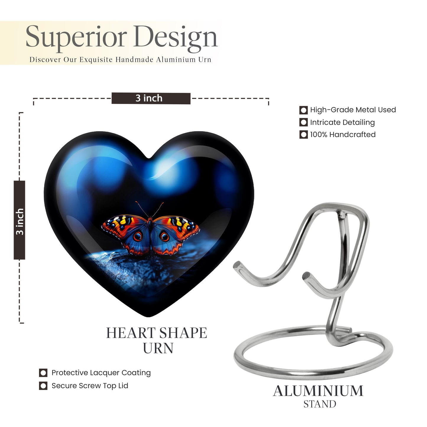 Glossy Black Butterfly Cremation Urn front view showing detailed design - loving heart memorial featuring butterfly pattern - mini keepsake memorial for portion of cremation ashes