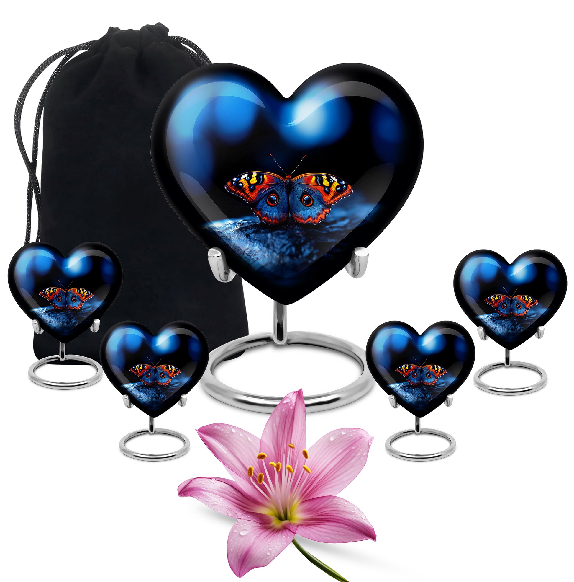 Deep Black Butterfly Cremation Urn close-up of engraving and surface detail - heart-shaped butterfly design symbolizing eternal love - memorial set with one large and four small urns