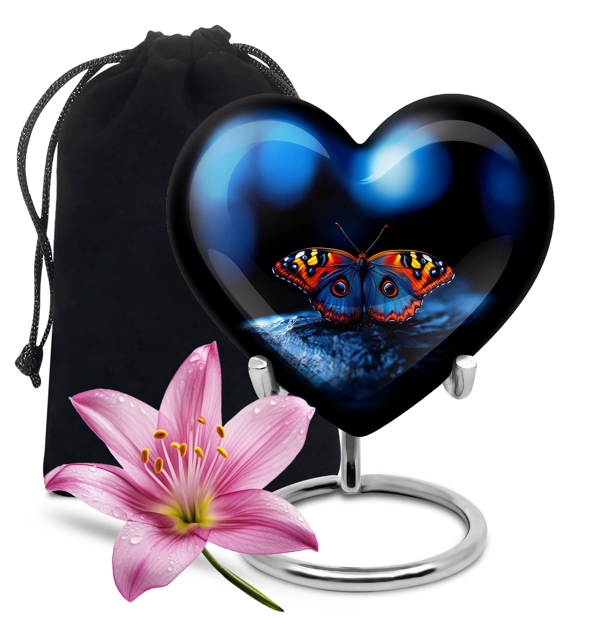 Ebony Butterfly Cremation Urn detail view - heart-shaped butterfly design symbolizing eternal love - full-size 10 inch 200 cubic inch adult cremation urn