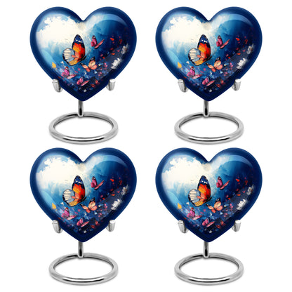 Twilight Blue Butterfly Cremation Urn angled view of lid and engraved motif - romantic heart urn with butterfly motif on aluminum - 10 inch aluminum urn for cremated remains
