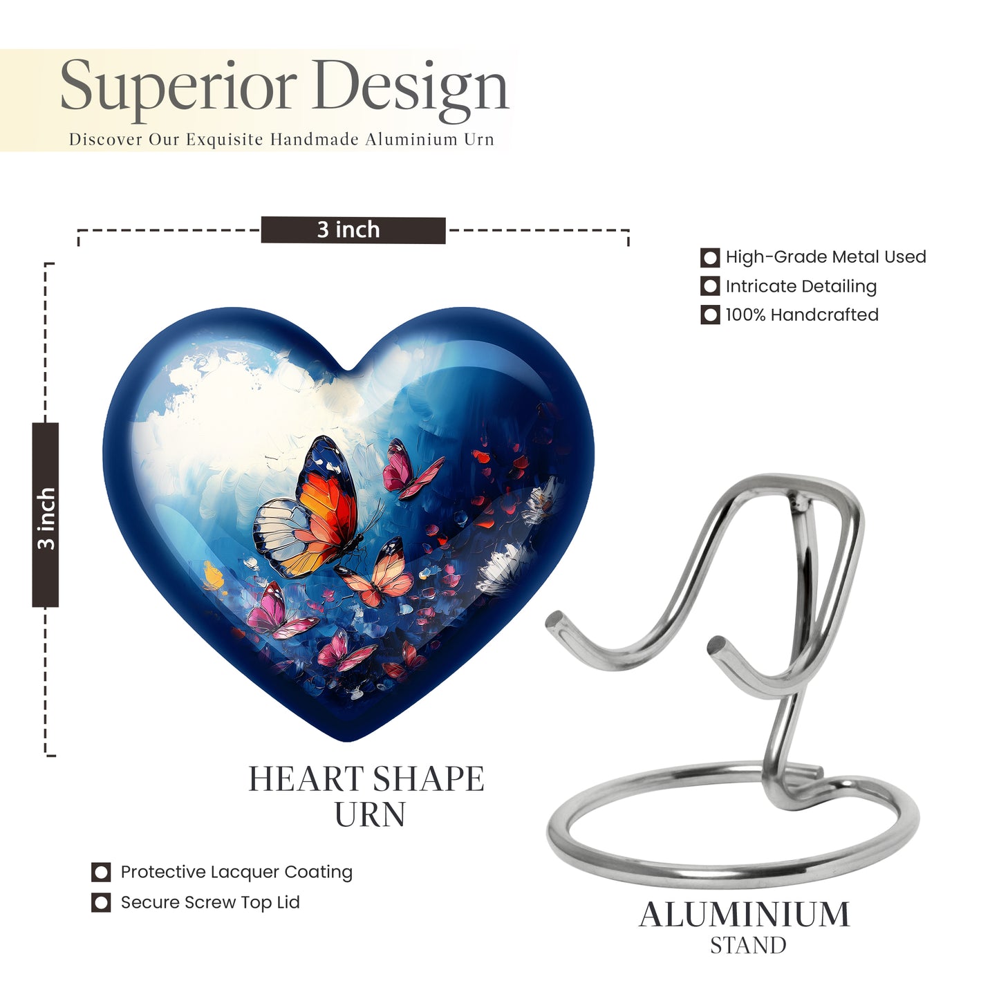 Indigo Butterfly Cremation Urn front view showing detailed design - heart-shaped butterfly design symbolizing eternal love - mini keepsake memorial for portion of cremation ashes