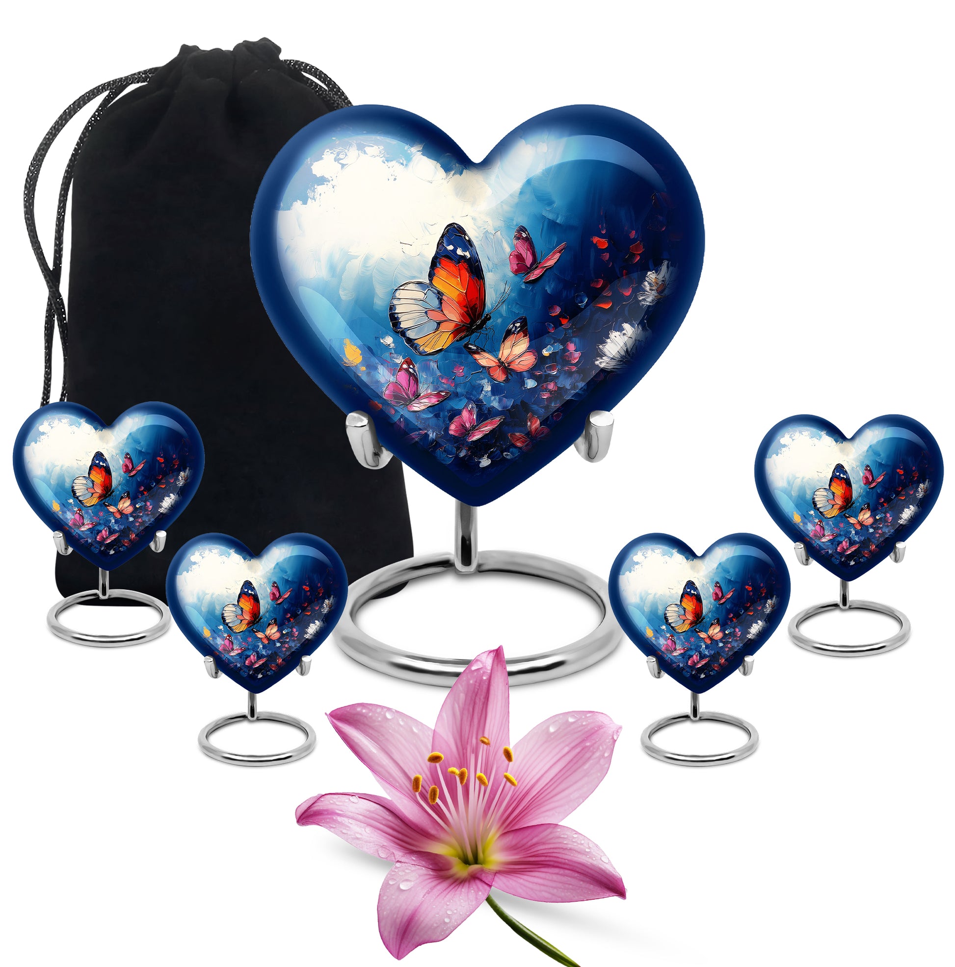 Indigo Butterfly Cremation Urn close-up of engraving and surface detail - loving heart memorial featuring butterfly pattern - memorial set with one large and four small urns