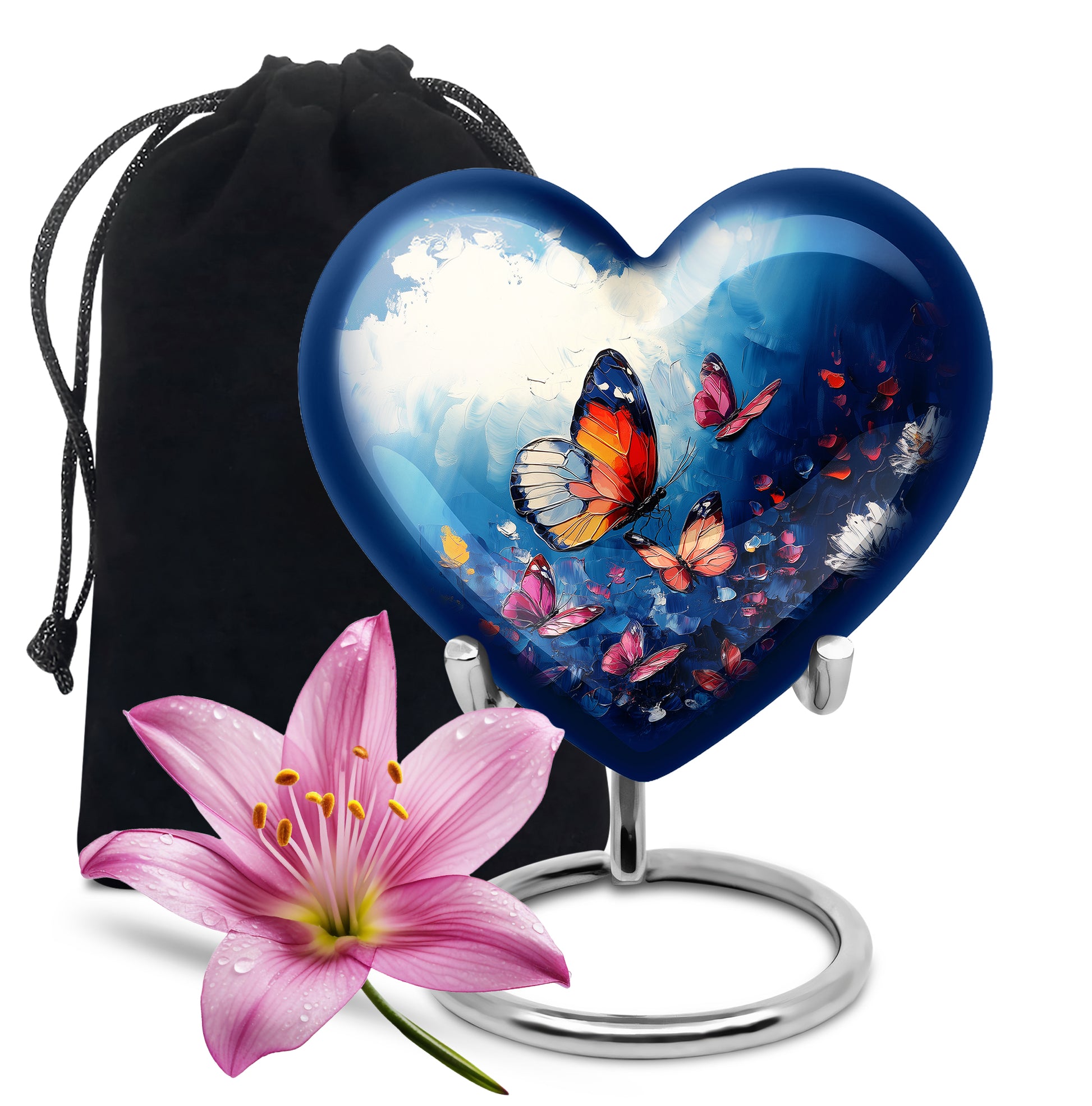 Sapphire Blue Butterfly Cremation Urn detail view - compassionate heart-butterfly combination with gentle curves - full-size 10 inch 200 cubic inch adult cremation urn