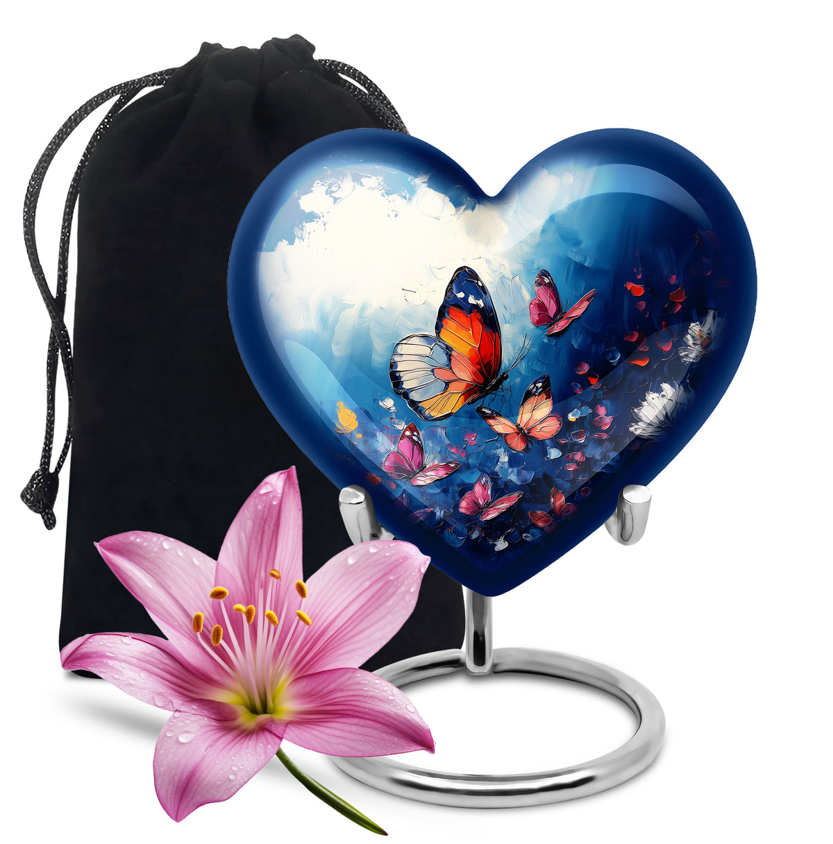 Sapphire Blue Butterfly Cremation Urn detail view - compassionate heart-butterfly combination with gentle curves - full-size 10 inch 200 cubic inch adult cremation urn