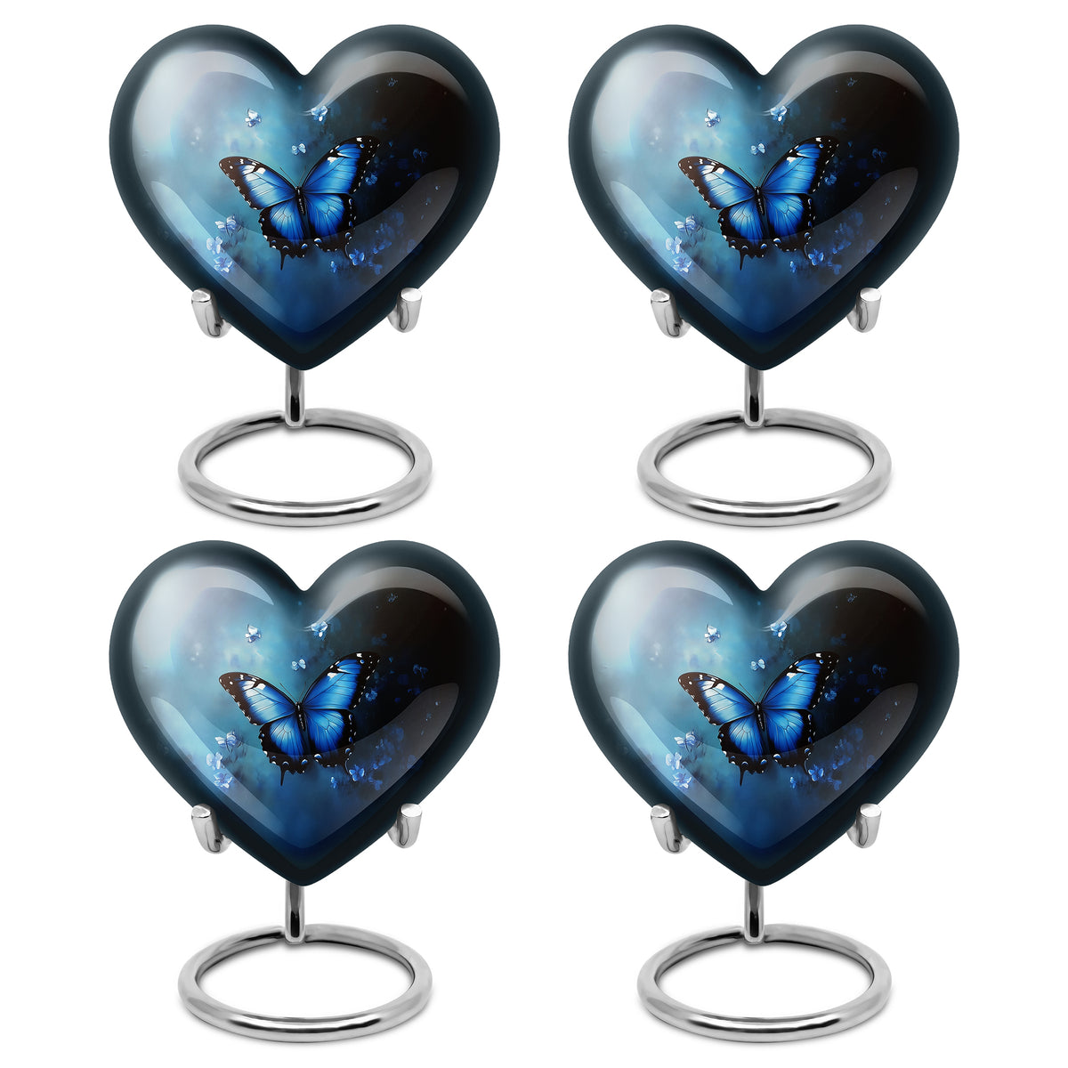 Steel Blue Butterfly Cremation Urn angled view of lid and engraved motif - compassionate heart-butterfly combination with gentle curves - 10 inch aluminum urn for cremated remains