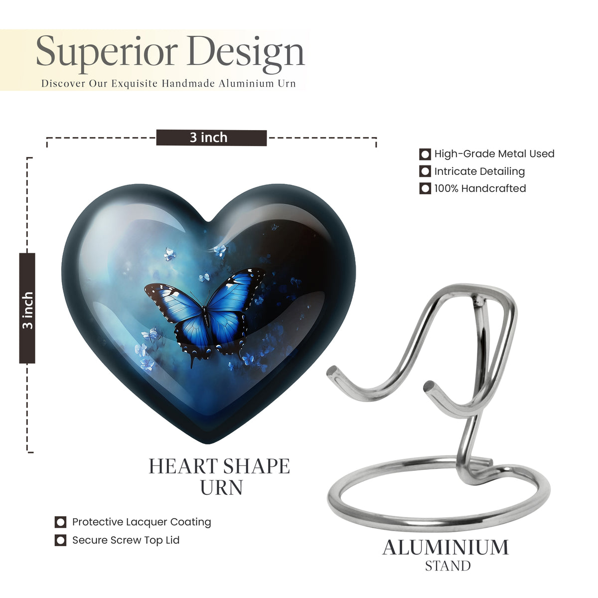 Misty Blue Butterfly Cremation Urn front view showing detailed design - loving heart memorial featuring butterfly pattern - mini keepsake memorial for portion of cremation ashes