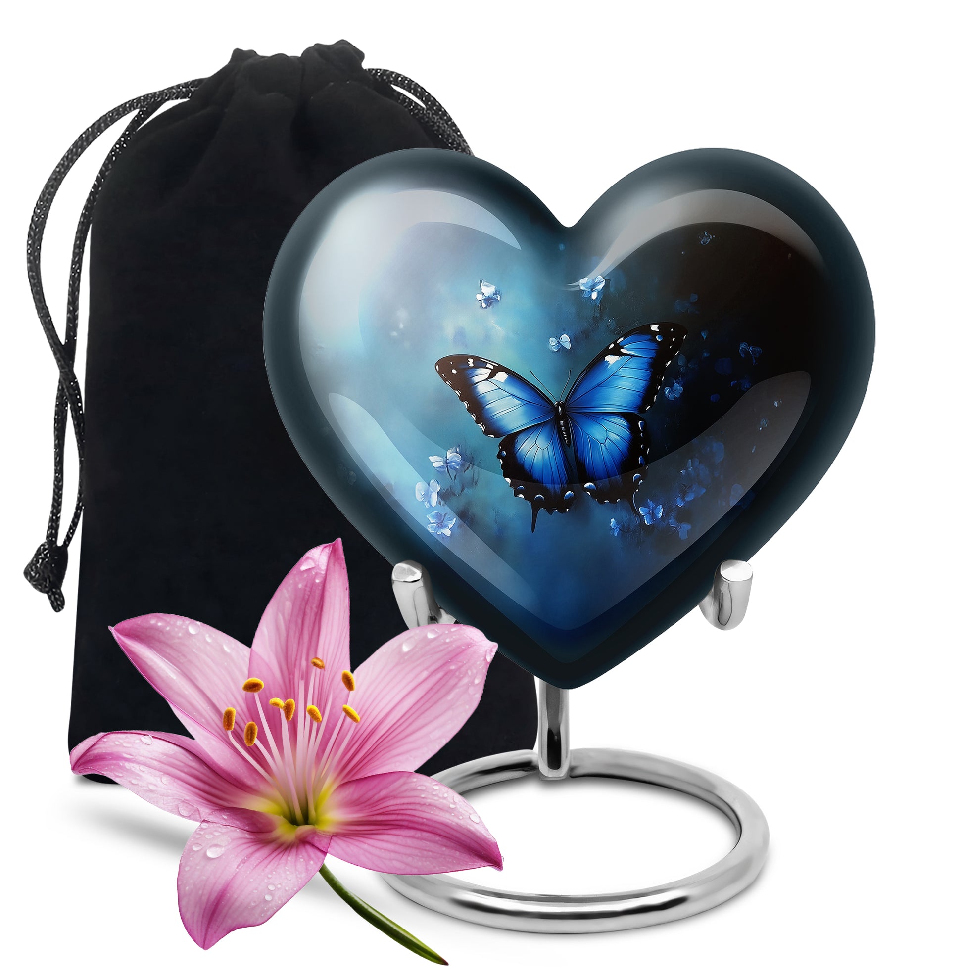 Soft Blue Butterfly Cremation Urn detail view - compassionate heart-butterfly combination with gentle curves - full-size 10 inch 200 cubic inch adult cremation urn
