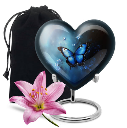 Soft Blue Butterfly Cremation Urn detail view - compassionate heart-butterfly combination with gentle curves - full-size 10 inch 200 cubic inch adult cremation urn