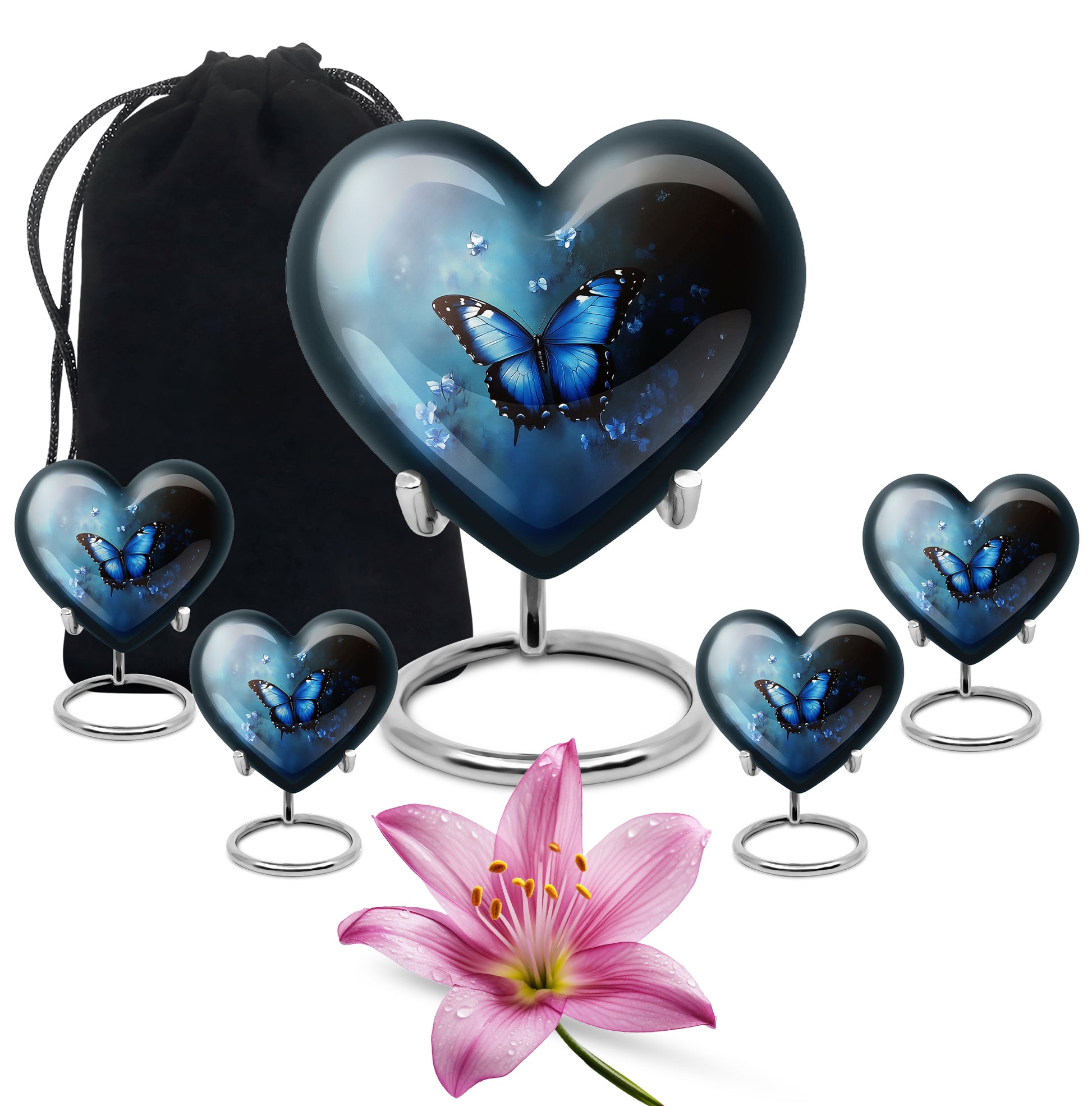 Dusty Blue Butterfly Cremation Urn close-up of engraving and surface detail - loving heart memorial featuring butterfly pattern - memorial set with one large and four small urns