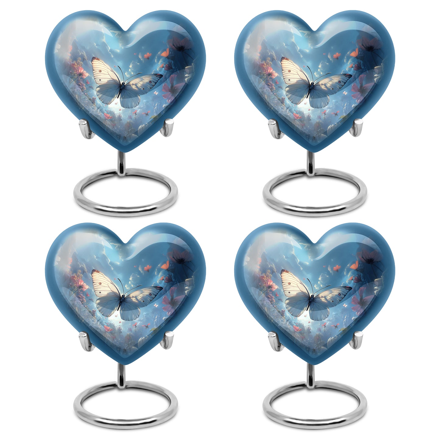 Vivid Blue Butterfly Cremation Urn angled view of lid and engraved motif - compassionate heart-butterfly combination with gentle curves - 10 inch aluminum urn for cremated remains