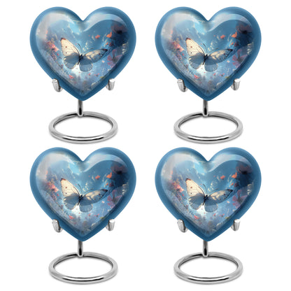 Vivid Blue Butterfly Cremation Urn angled view of lid and engraved motif - compassionate heart-butterfly combination with gentle curves - 10 inch aluminum urn for cremated remains