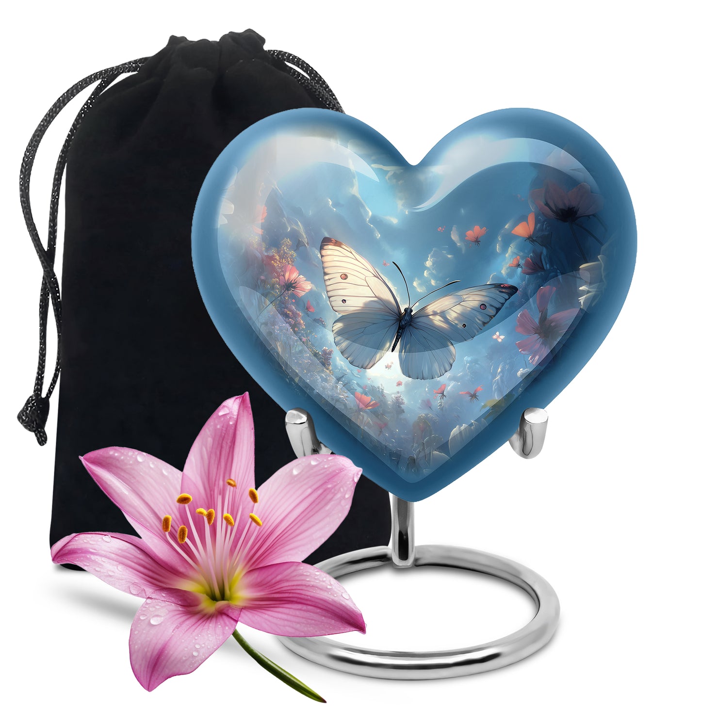 Azure Butterfly Cremation Urn detail view - loving heart memorial featuring butterfly pattern - full-size 10 inch 200 cubic inch adult cremation urn