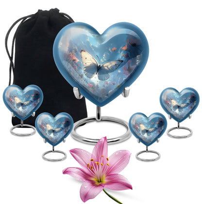Misty Blue Butterfly Cremation Urn close-up of engraving and surface detail - loving heart memorial featuring butterfly pattern - memorial set with one large and four small urns