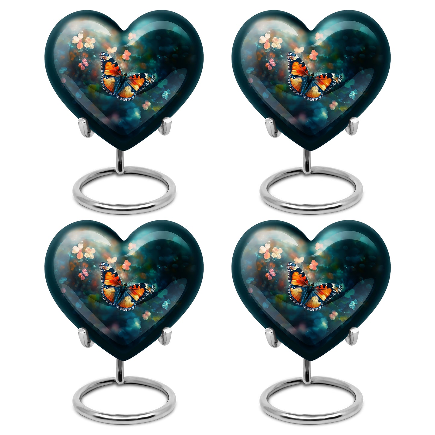 Soft Teal Butterfly Cremation Urn angled view of lid and engraved motif - heart-shaped butterfly design symbolizing eternal love - 10 inch aluminum urn for cremated remains