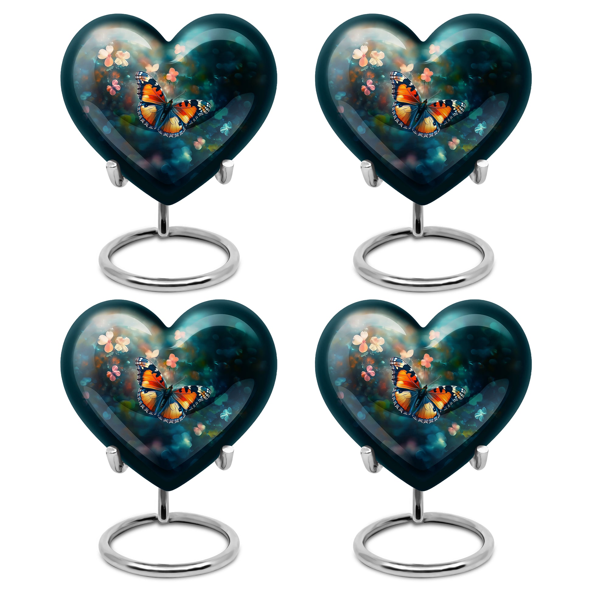 Soft Teal Butterfly Cremation Urn angled view of lid and engraved motif - heart-shaped butterfly design symbolizing eternal love - 10 inch aluminum urn for cremated remains
