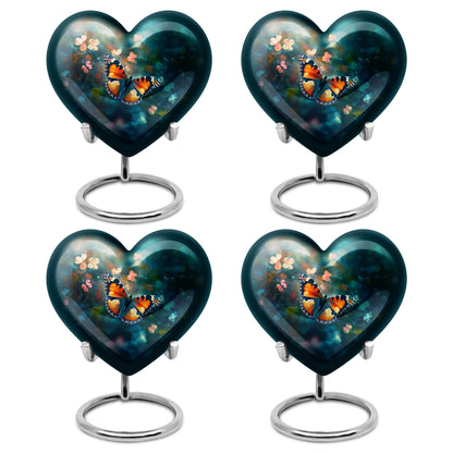 Soft Teal Butterfly Cremation Urn angled view of lid and engraved motif - heart-shaped butterfly design symbolizing eternal love - 10 inch aluminum urn for cremated remains
