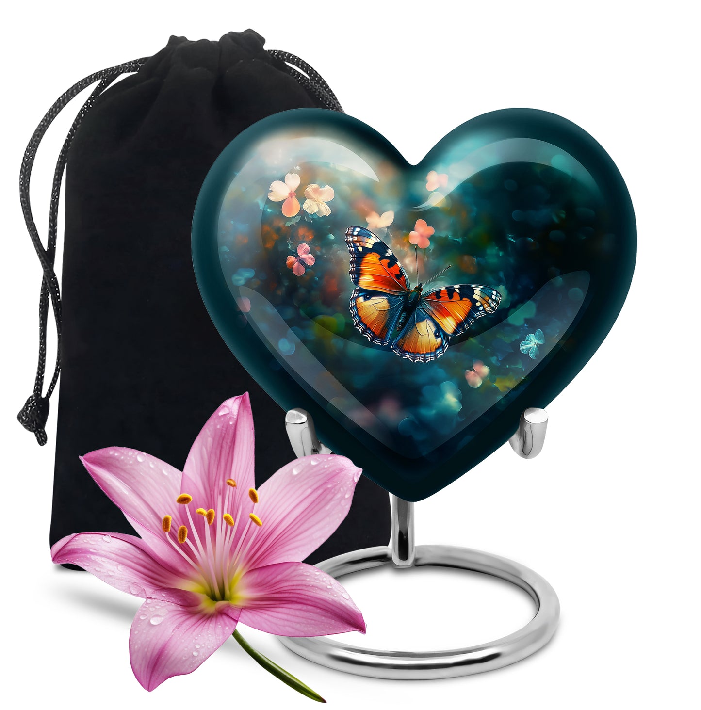 Ocean Teal Butterfly Cremation Urn detail view - heart-shaped butterfly design symbolizing eternal love - full-size 10 inch 200 cubic inch adult cremation urn