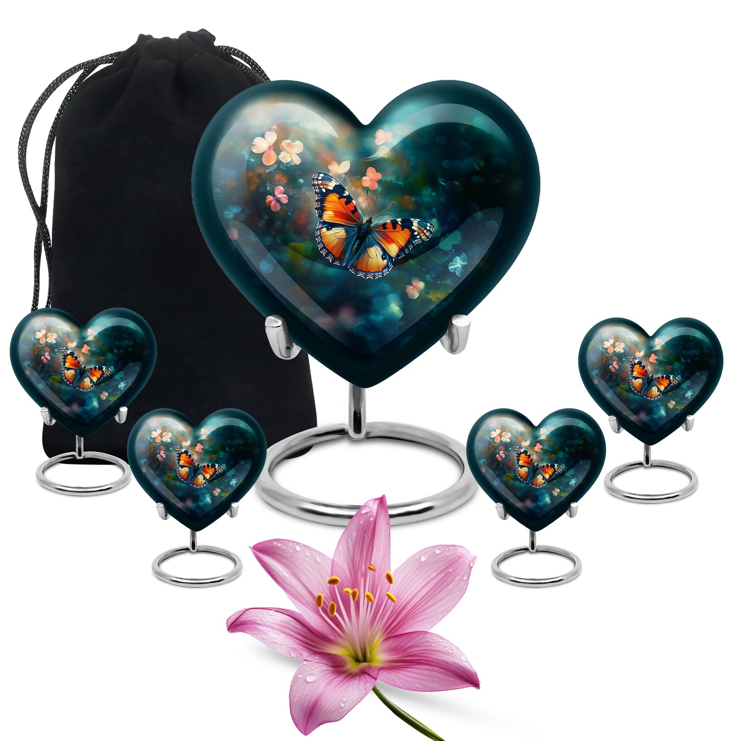 Soft Teal Butterfly Cremation Urn close-up of engraving and surface detail - heart-shaped butterfly design symbolizing eternal love - memorial set with one large and four small urns