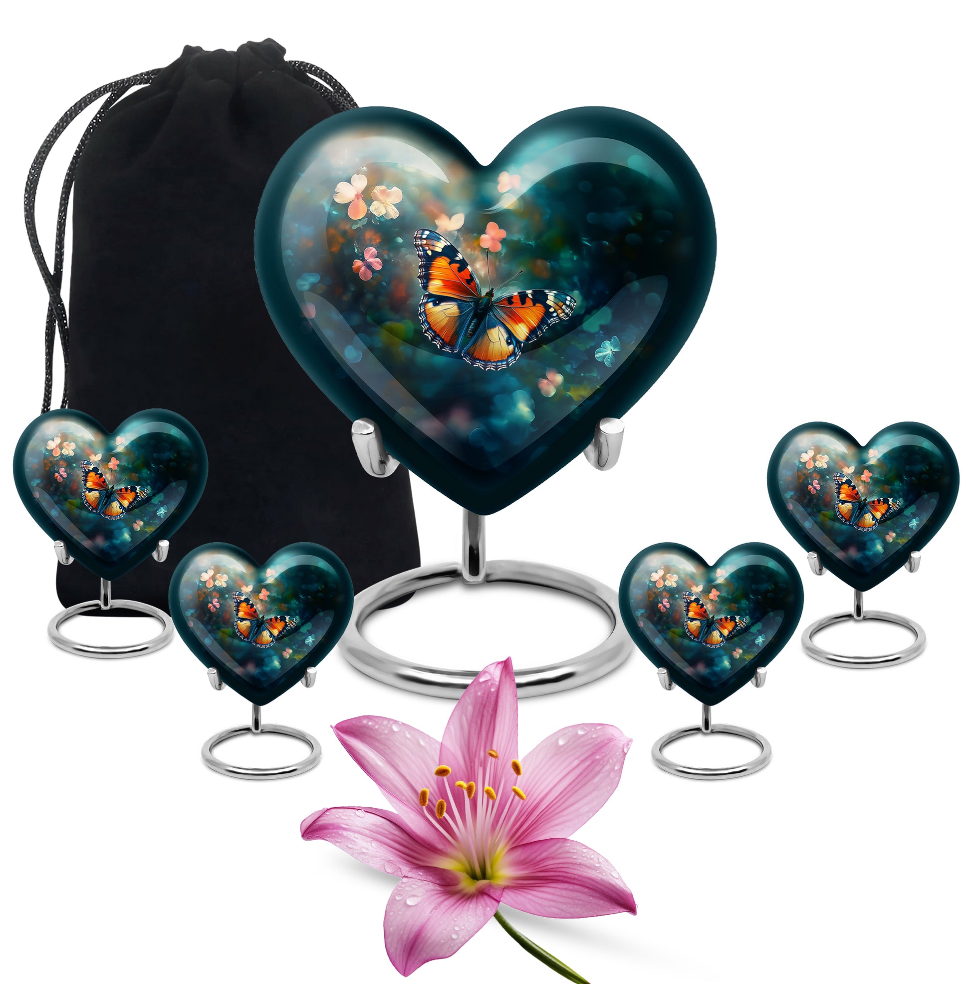 Soft Teal Butterfly Cremation Urn close-up of engraving and surface detail - heart-shaped butterfly design symbolizing eternal love - memorial set with one large and four small urns