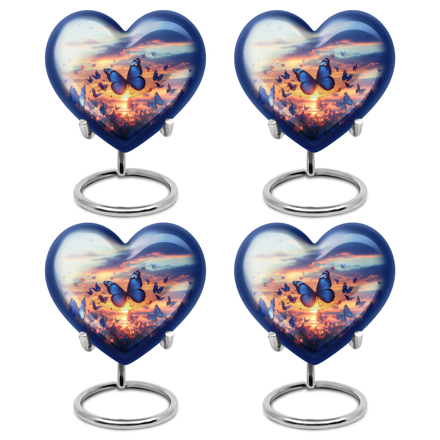 Dusty Blue Butterfly Cremation Urn angled view of lid and engraved motif - heart-shaped butterfly design symbolizing eternal love - 10 inch aluminum urn for cremated remains