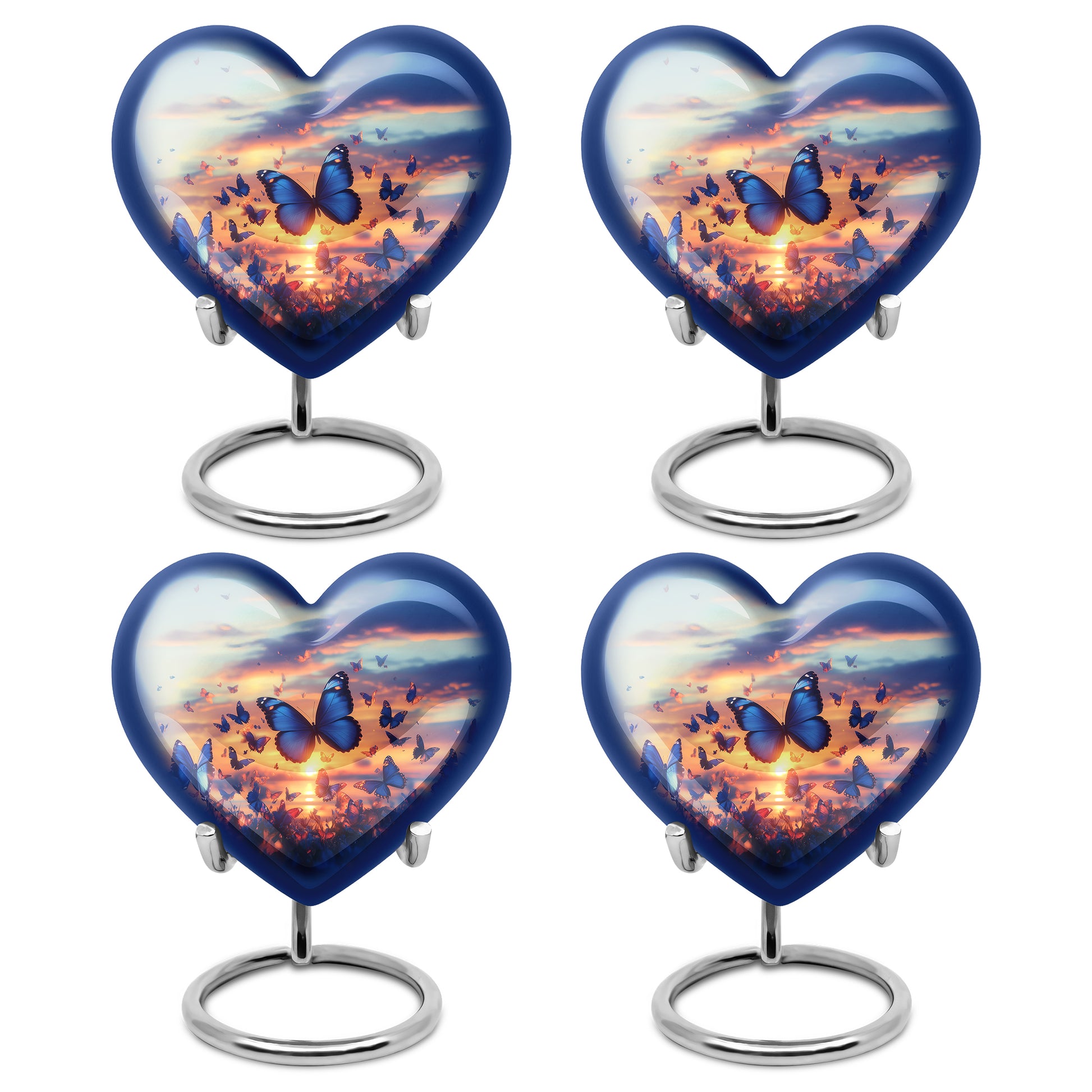 Dusty Blue Butterfly Cremation Urn angled view of lid and engraved motif - heart-shaped butterfly design symbolizing eternal love - 10 inch aluminum urn for cremated remains