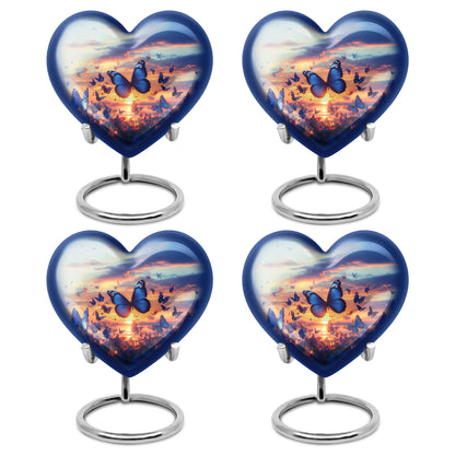 Dusty Blue Butterfly Cremation Urn angled view of lid and engraved motif - heart-shaped butterfly design symbolizing eternal love - 10 inch aluminum urn for cremated remains