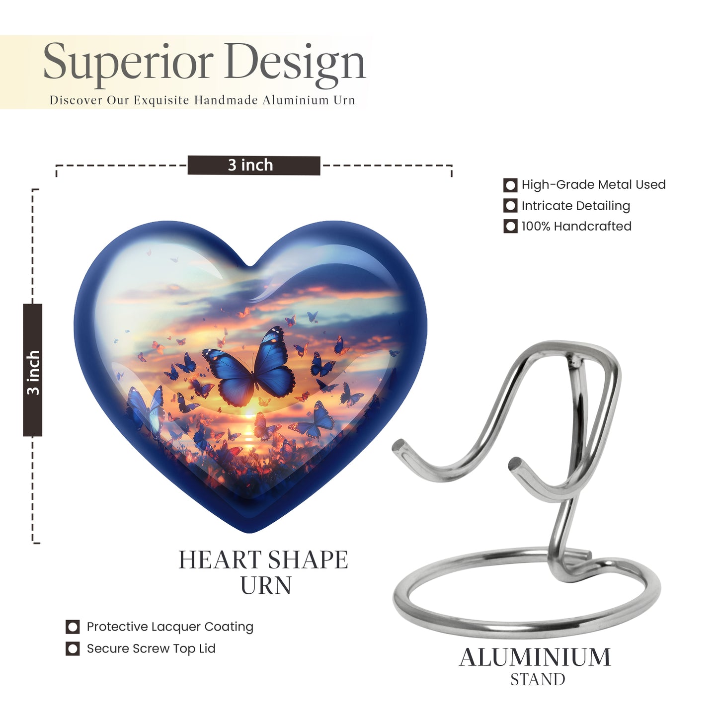 Cobalt Blue Butterfly Cremation Urn front view showing detailed design - romantic heart urn with butterfly motif on aluminum - mini keepsake memorial for portion of cremation ashes