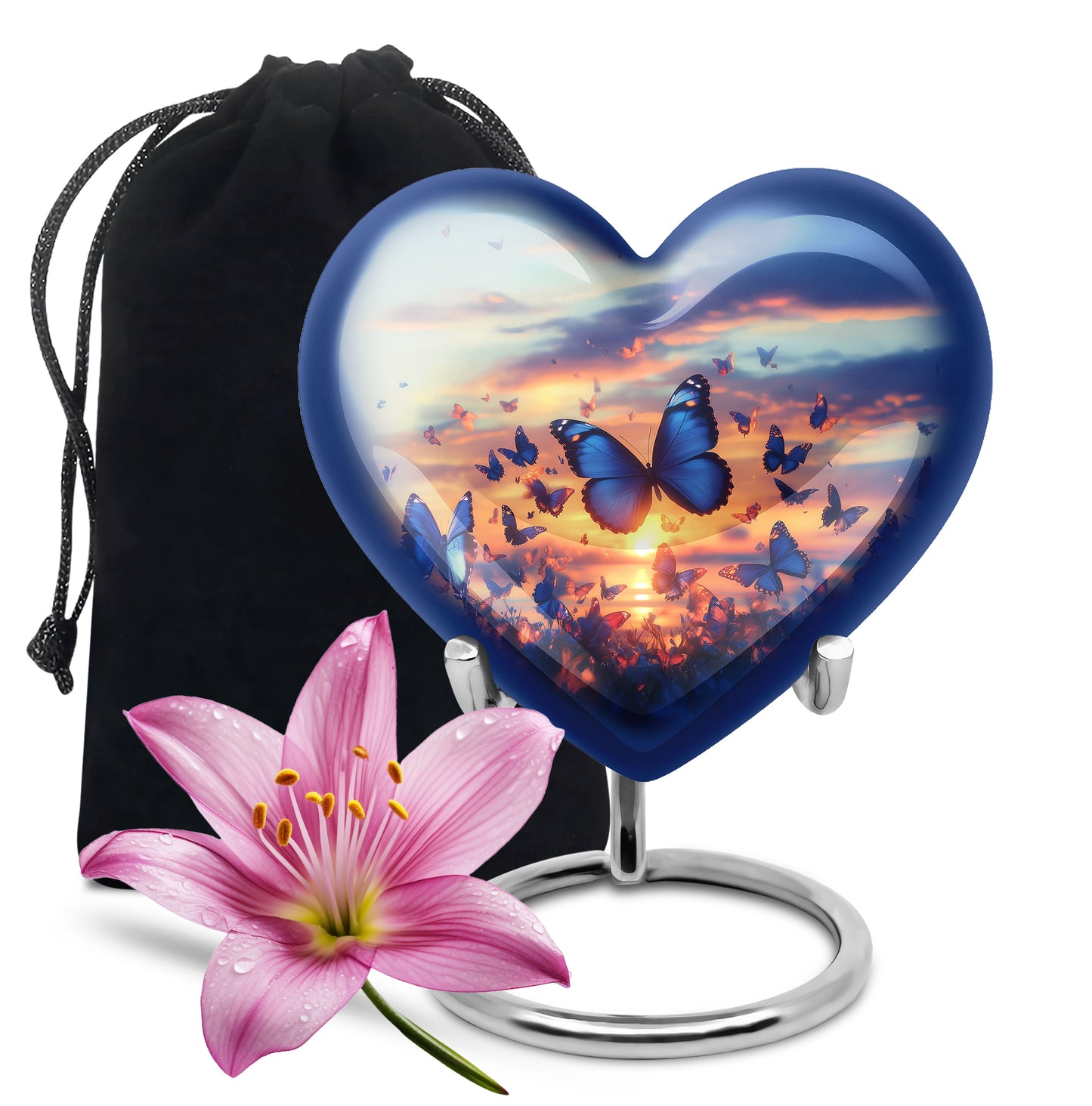 Misty Blue Butterfly Cremation Urn detail view - heart-shaped butterfly design symbolizing eternal love - full-size 10 inch 200 cubic inch adult cremation urn