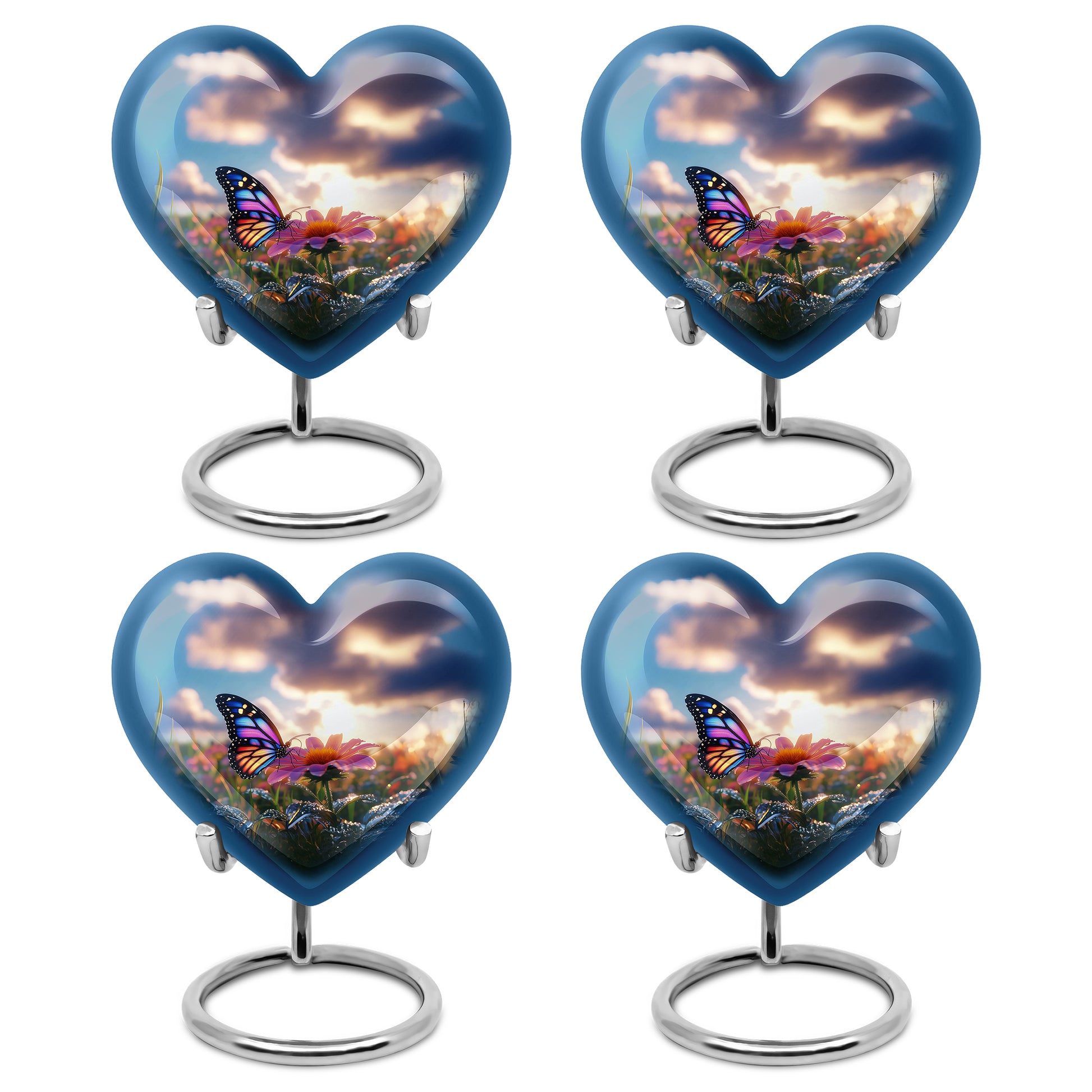 Royal Blue Butterfly Cremation Urn angled view of lid and engraved motif - romantic heart urn with butterfly motif on aluminum - 10 inch aluminum urn for cremated remains