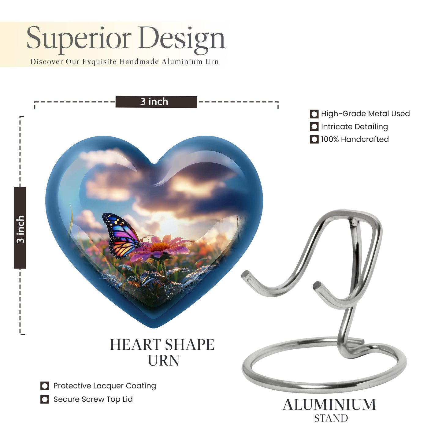 Steel Blue Butterfly Cremation Urn front view showing detailed design - romantic heart urn with butterfly motif on aluminum - mini keepsake memorial for portion of cremation ashes