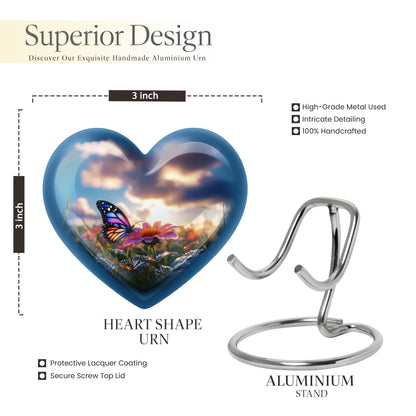 Steel Blue Butterfly Cremation Urn front view showing detailed design - romantic heart urn with butterfly motif on aluminum - mini keepsake memorial for portion of cremation ashes
