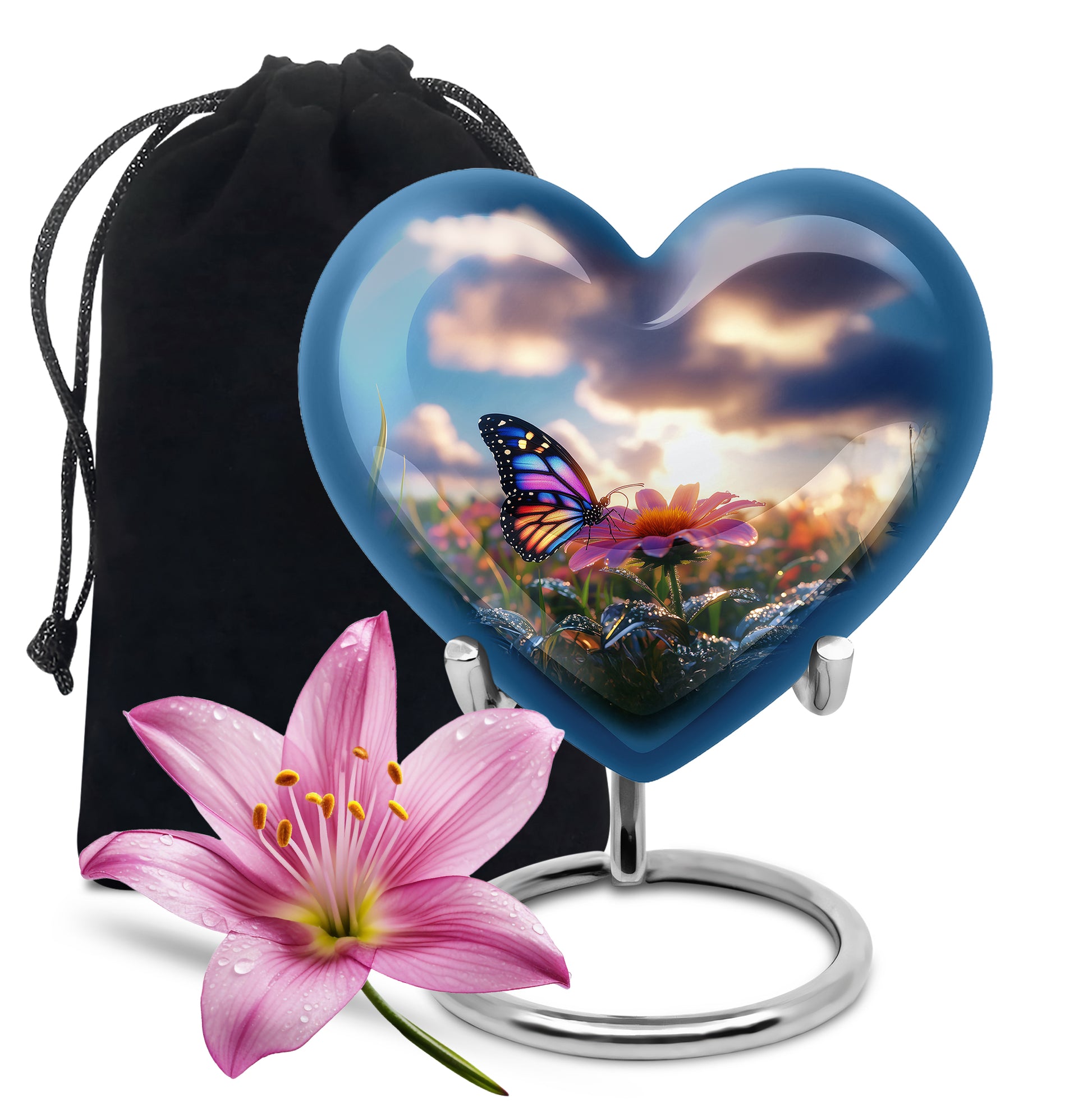 Bright Blue Butterfly Cremation Urn detail view - romantic heart urn with butterfly motif on aluminum - full-size 10 inch 200 cubic inch adult cremation urn