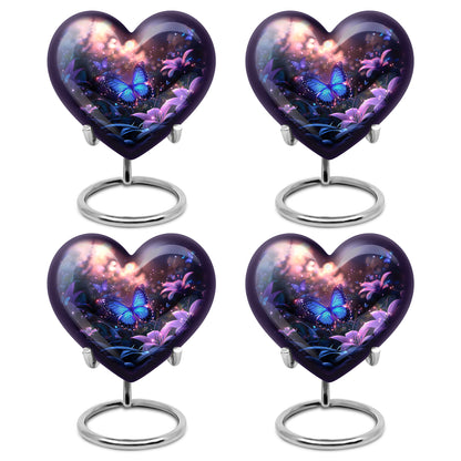 Peony Pink Butterfly Cremation Urn angled view of lid and engraved motif - heart-shaped butterfly design symbolizing eternal love - 10 inch aluminum urn for cremated remains