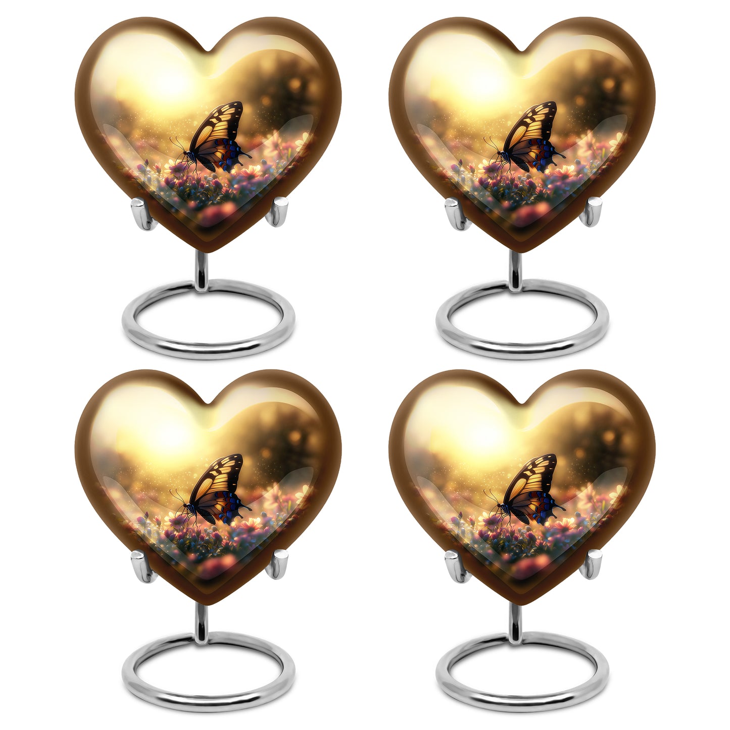 Royal Gold Butterfly Cremation Urn angled view of lid and engraved motif - romantic heart urn with butterfly motif on aluminum - 10 inch aluminum urn for cremated remains