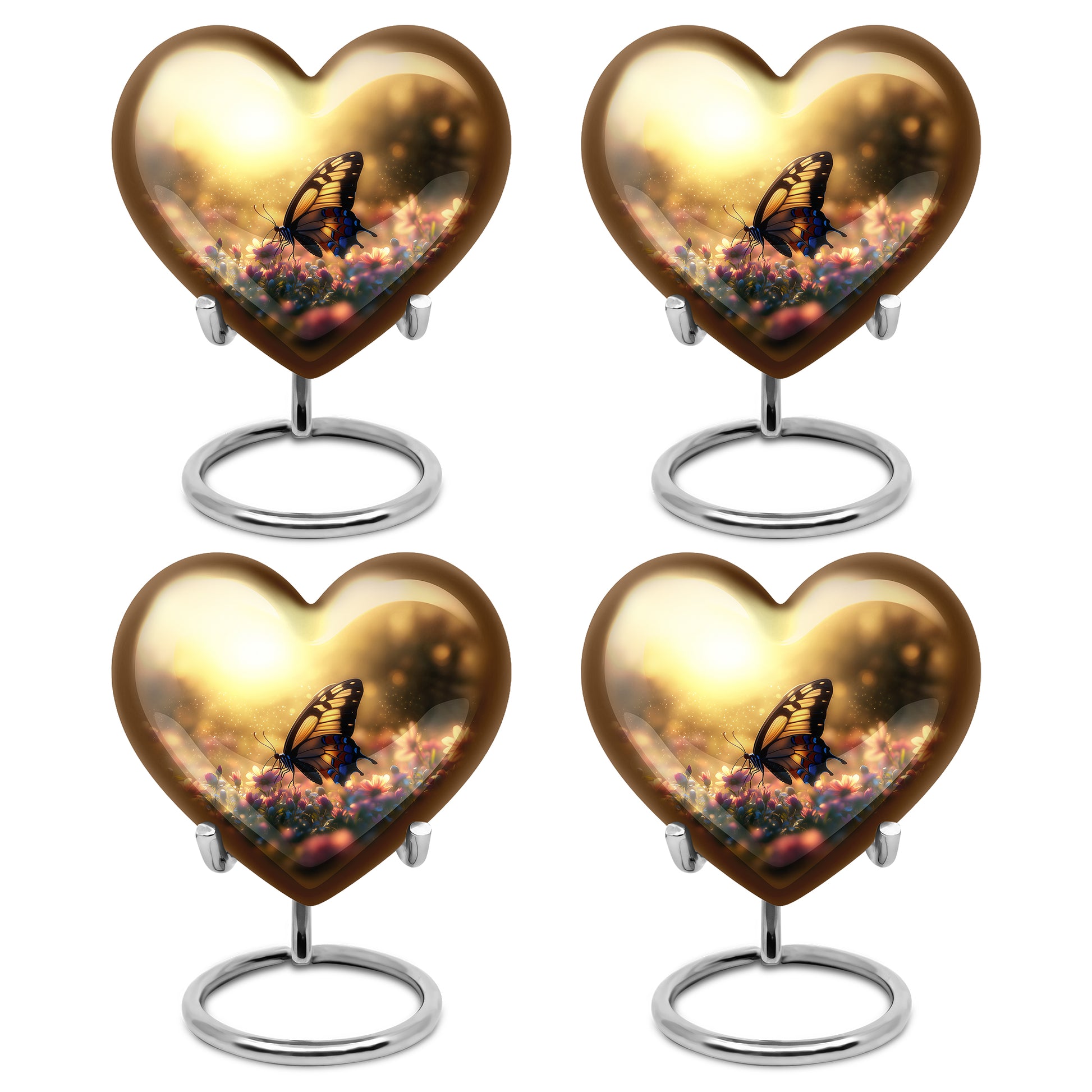 Royal Gold Butterfly Cremation Urn angled view of lid and engraved motif - romantic heart urn with butterfly motif on aluminum - 10 inch aluminum urn for cremated remains