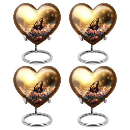 Royal Gold Butterfly Cremation Urn angled view of lid and engraved motif - romantic heart urn with butterfly motif on aluminum - 10 inch aluminum urn for cremated remains