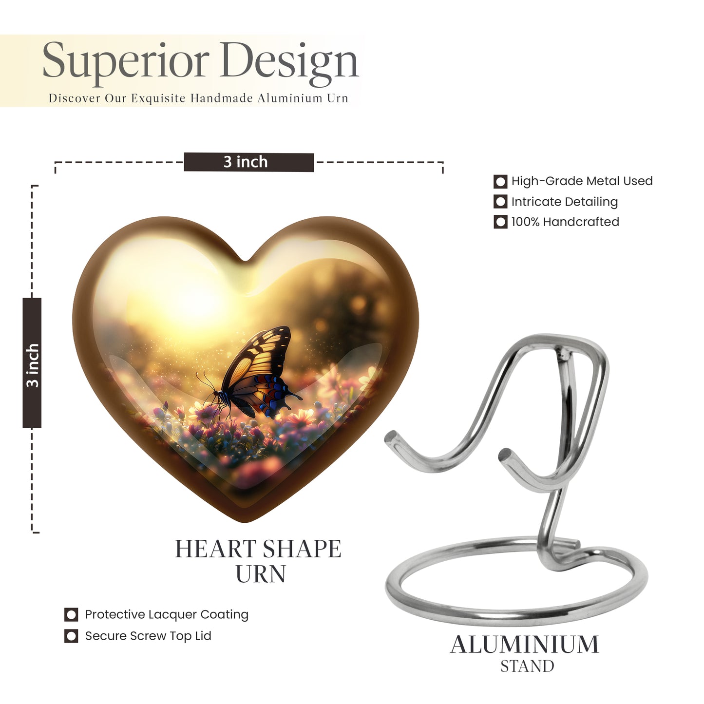 Sunrise Gold Butterfly Cremation Urn front view showing detailed design - heart-shaped butterfly design symbolizing eternal love - mini keepsake memorial for portion of cremation ashes