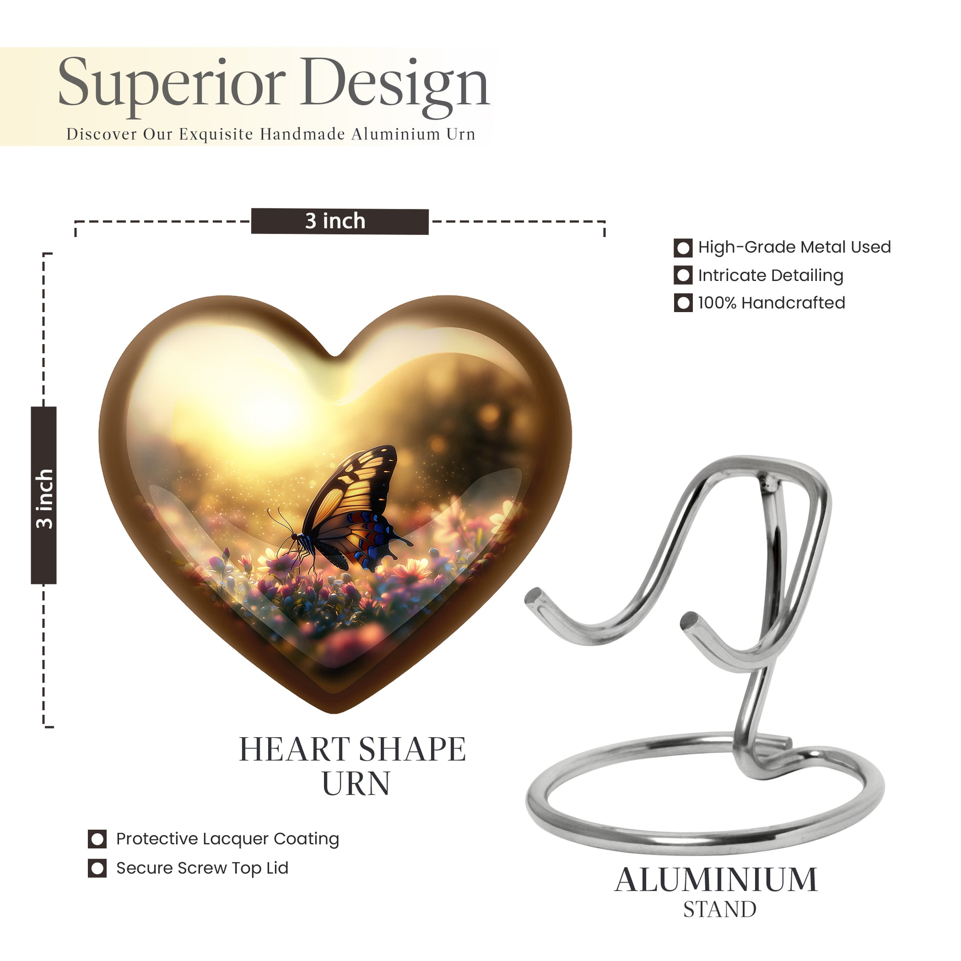 Sunrise Gold Butterfly Cremation Urn front view showing detailed design - heart-shaped butterfly design symbolizing eternal love - mini keepsake memorial for portion of cremation ashes