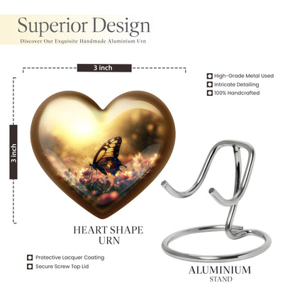 Sunrise Gold Butterfly Cremation Urn front view showing detailed design - heart-shaped butterfly design symbolizing eternal love - mini keepsake memorial for portion of cremation ashes