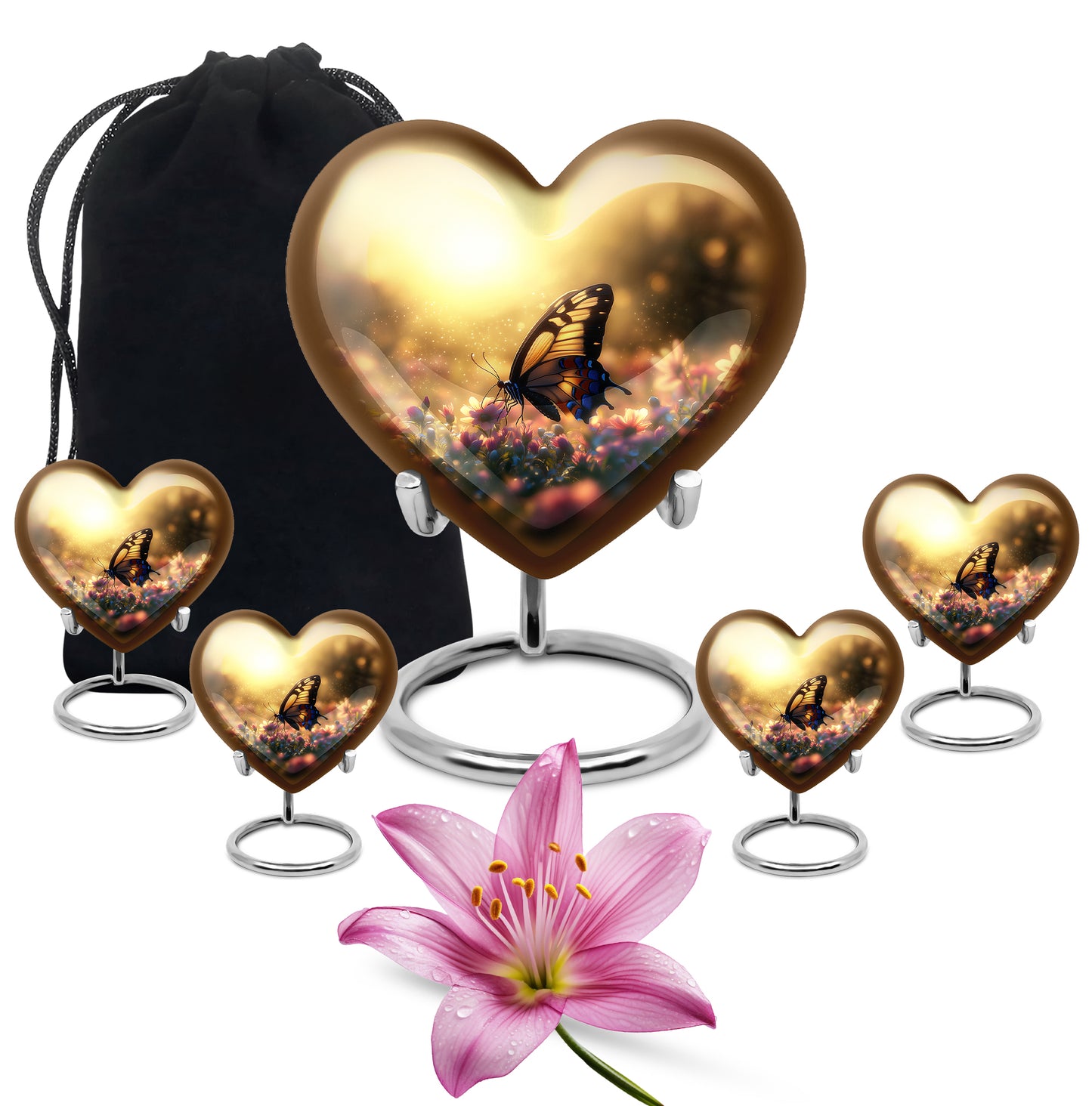 Royal Gold Butterfly Cremation Urn close-up of engraving and surface detail - compassionate heart-butterfly combination with gentle curves - memorial set with one large and four small urns