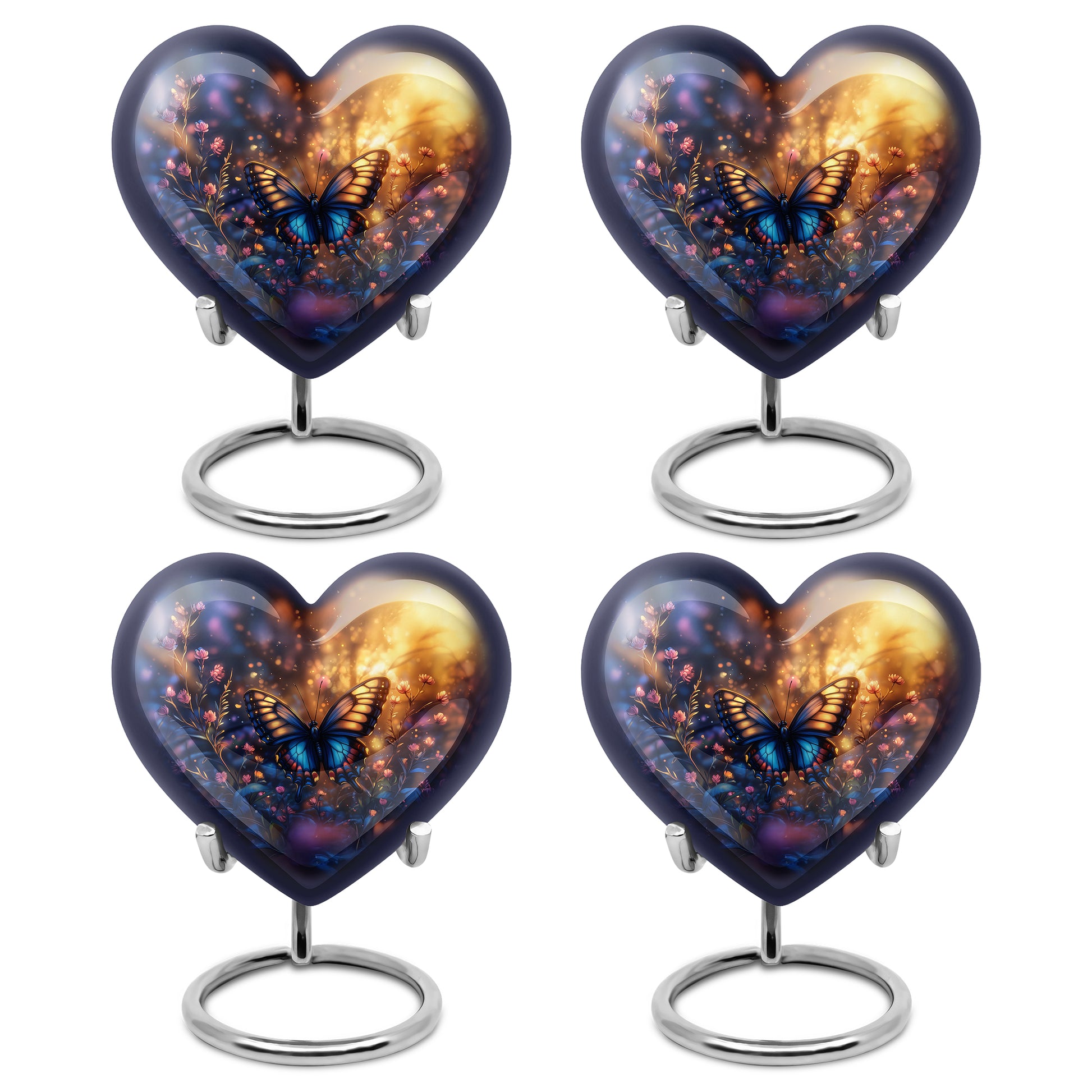 Royal Gold Butterfly Cremation Urn angled view of lid and engraved motif - romantic heart urn with butterfly motif on aluminum - 10 inch aluminum urn for cremated remains